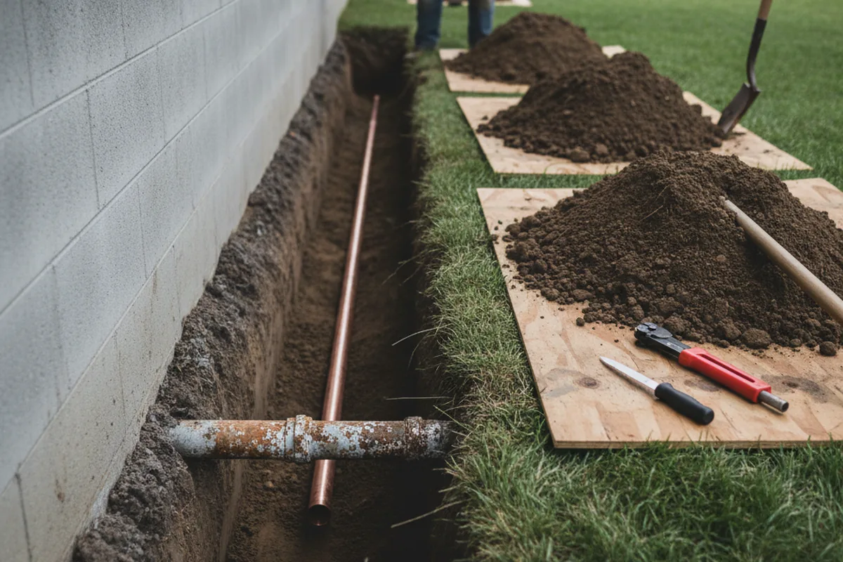Excavated water line trench during Sewer Line Repair in Lucerne
